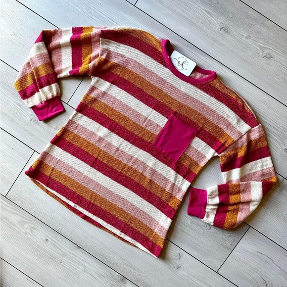 NEW Heimish Chenille Balloon Puff Long Sleeve Stripe Pocket Pink Sweater Top - Picture 4 of 4